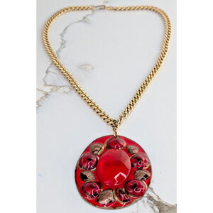1960s Modernist Ruth Buol Enamel Copper Art Glass Pendant Necklace Red Sommelier